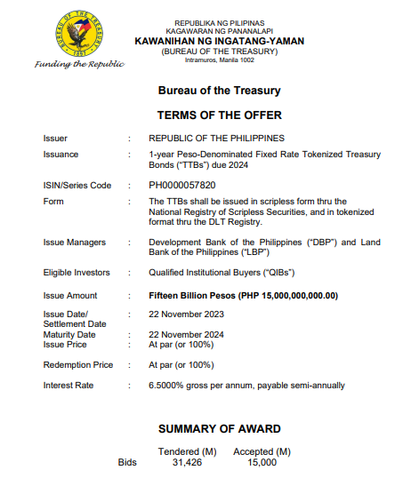 Bureau of the Treasury Successfully Issues Maiden Tokenized Treasury Bonds (TTBs)